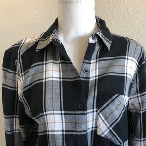 BP Camille Plaid Button-down Shirt (Long Sleeve) - Black, White & Tan